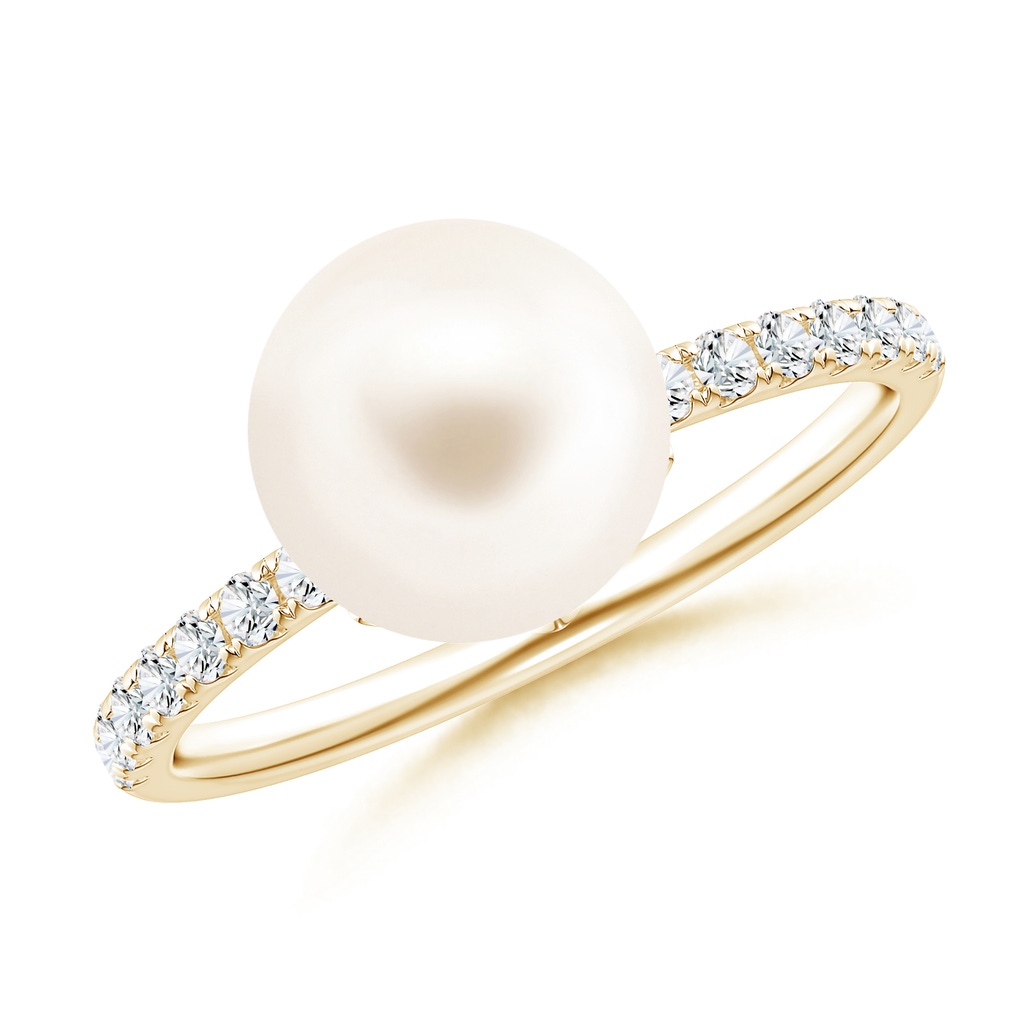 9mm AAA Classic Freshwater Pearl & Diamond Solitaire Ring in Yellow Gold