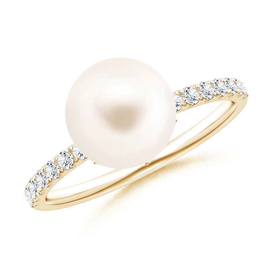 9mm AAA Classic Freshwater Pearl & Diamond Solitaire Ring in Yellow Gold 