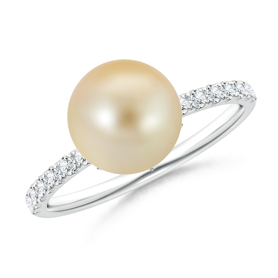 9mm AAA Classic Golden South Sea Cultured Pearl Solitaire Ring with Diamond Accents in White Gold 