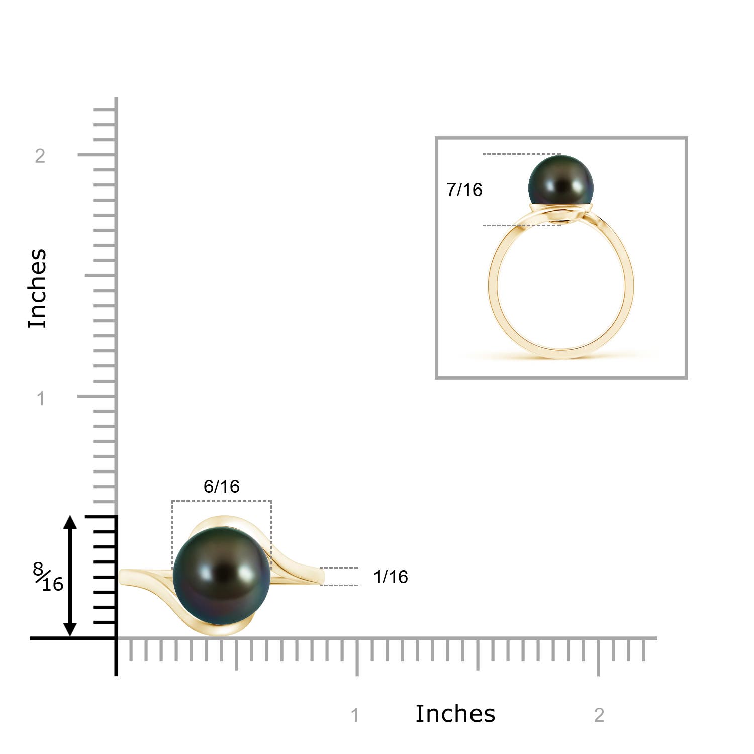 10mm AAAA Tahitian Cultured Pearl Solitaire Bypass Ring in Yellow Gold - ruler