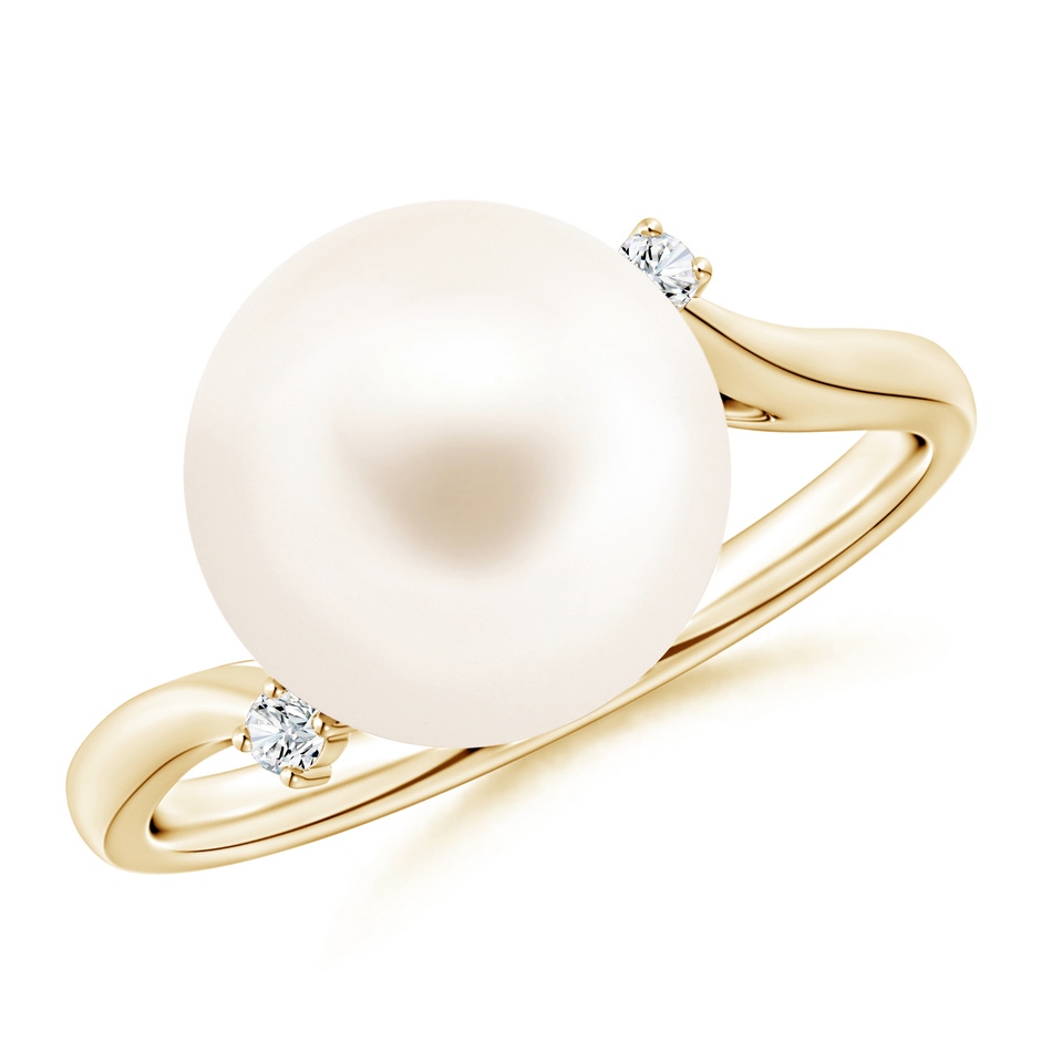 11mm AAA Freshwater Pearl and Diamond Bypass Ring in Yellow Gold 