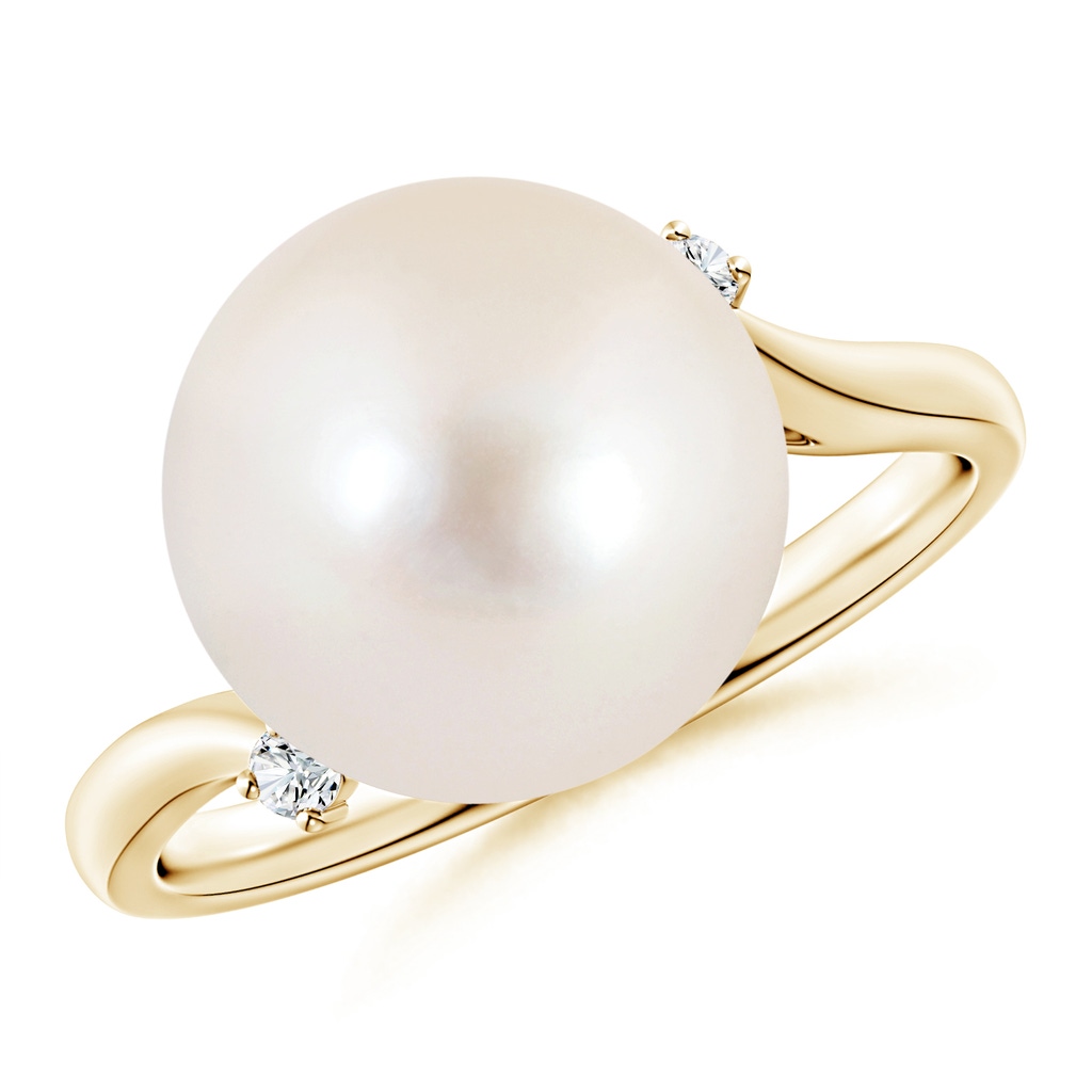 12mm AAAA Freshwater Pearl and Diamond Bypass Ring in 10K Yellow Gold