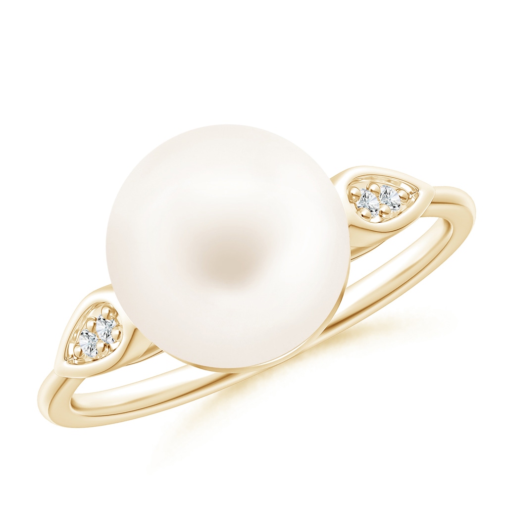 10mm AA Freshwater Cultured Pearl Ring with Diamond Pear Motifs in Yellow Gold