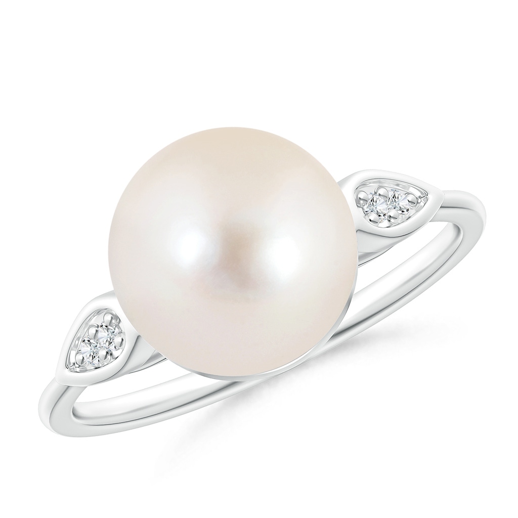 10mm AAAA Freshwater Cultured Pearl Ring with Diamond Pear Motifs in White Gold