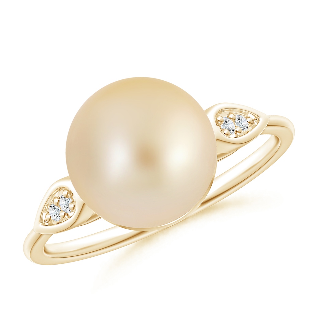 10mm AA Golden South Sea Cultured Pearl Ring with Diamond Pear Motifs in Yellow Gold