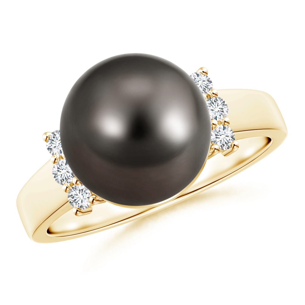 10mm AAA Tahitian Cultured Pearl and Diamond Collar Ring in Yellow Gold