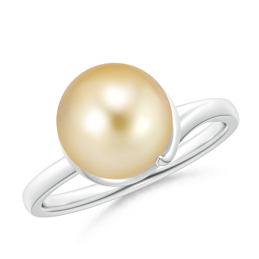 10mm AAAA Golden South Sea Pearl Ring with Spiral Metal Loop in White Gold
