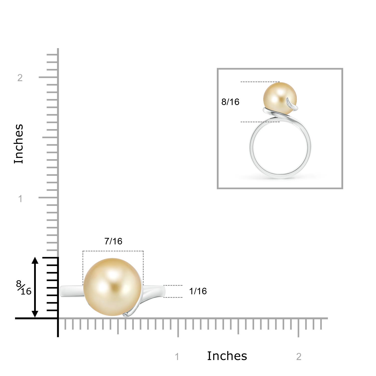 11mm AAAA Golden South Sea Pearl Ring with Spiral Metal Loop in White Gold - ruler