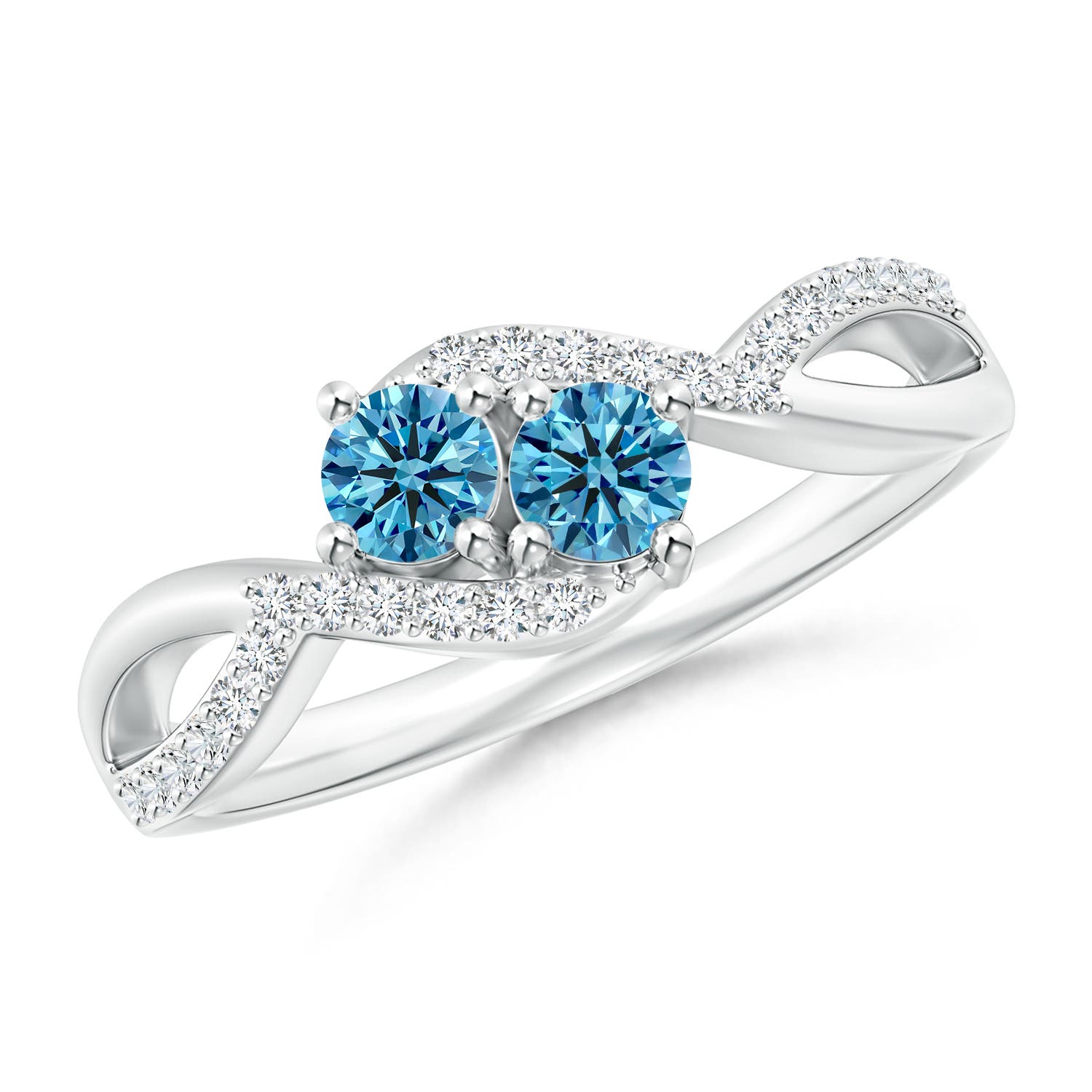 Angara 0.46 CTW Two Stone Fancy Intense Blue Diamond Split Shank Bypass Ring in Platinum