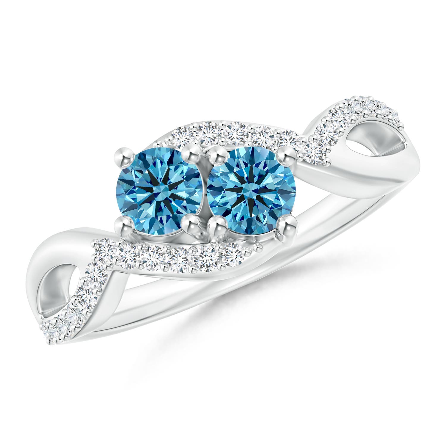 Angara 0.79 CTW Two Stone Fancy Intense Blue Diamond Split Shank Bypass Ring in 18K White Gold