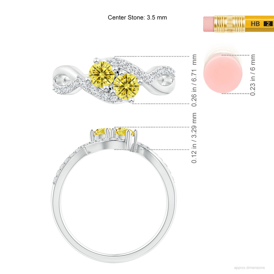 3.5mm AAAA Two Stone Fancy Intense Yellow Diamond Split Shank Bypass Ring in White Gold ruler