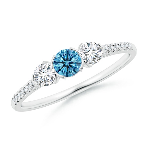3.8mm AAAA Unique Prong-Set Fancy Intense Blue Diamond Three Stone Engagement Ring in White Gold