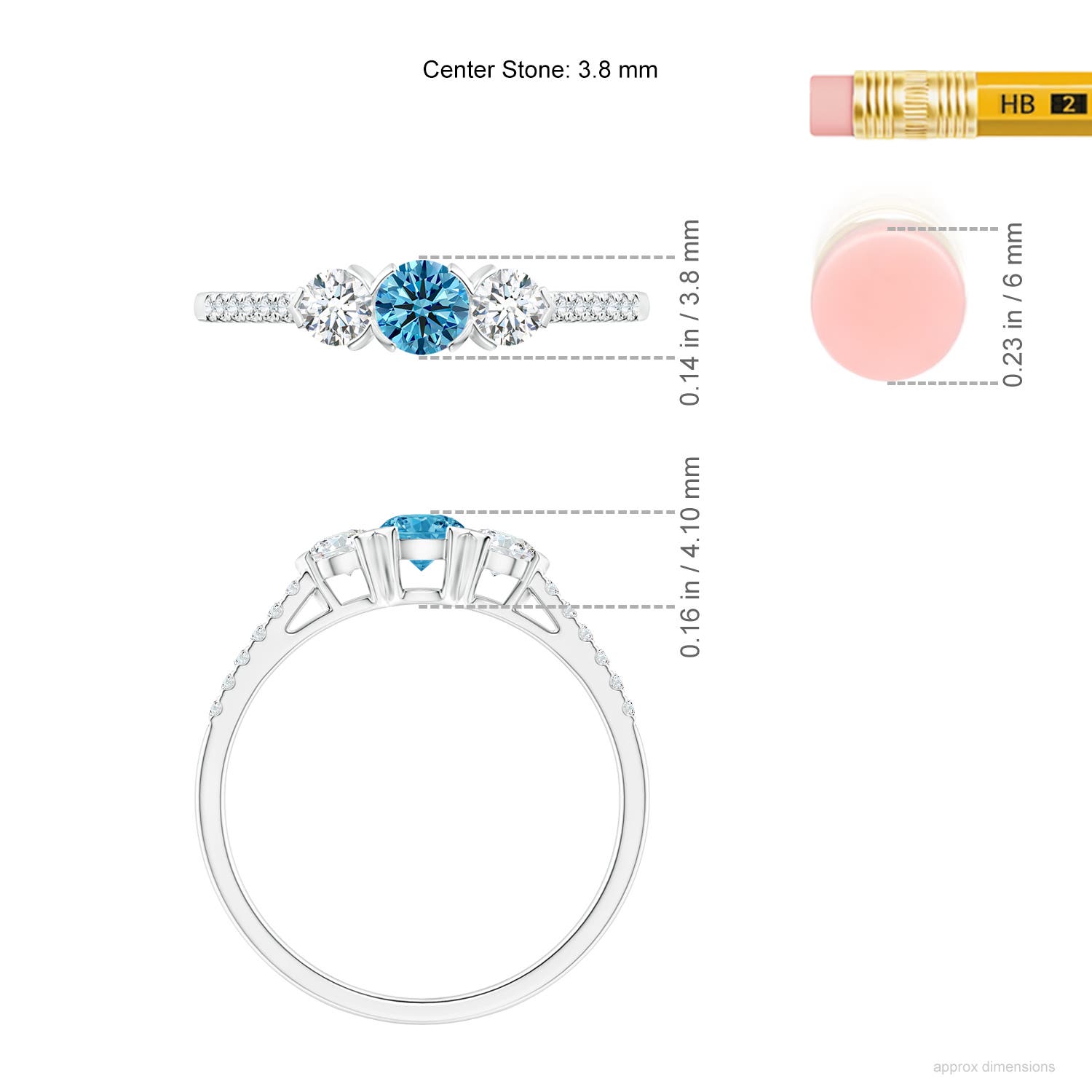 3.8mm AAAA Unique Prong-Set Fancy Intense Blue Diamond Three Stone Engagement Ring in White Gold - ruler
