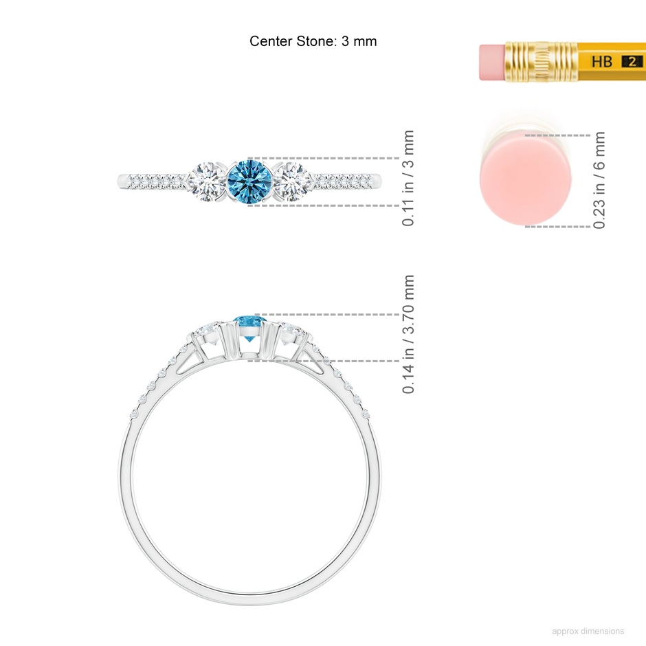 3mm AAAA Unique Prong-Set Fancy Intense Blue Diamond Three Stone Engagement Ring in P950 Platinum ruler