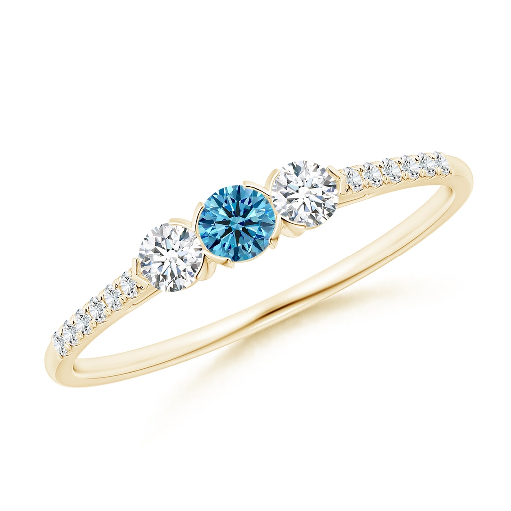 3mm AAAA Unique Prong-Set Fancy Intense Blue Diamond Three Stone Engagement Ring in Yellow Gold