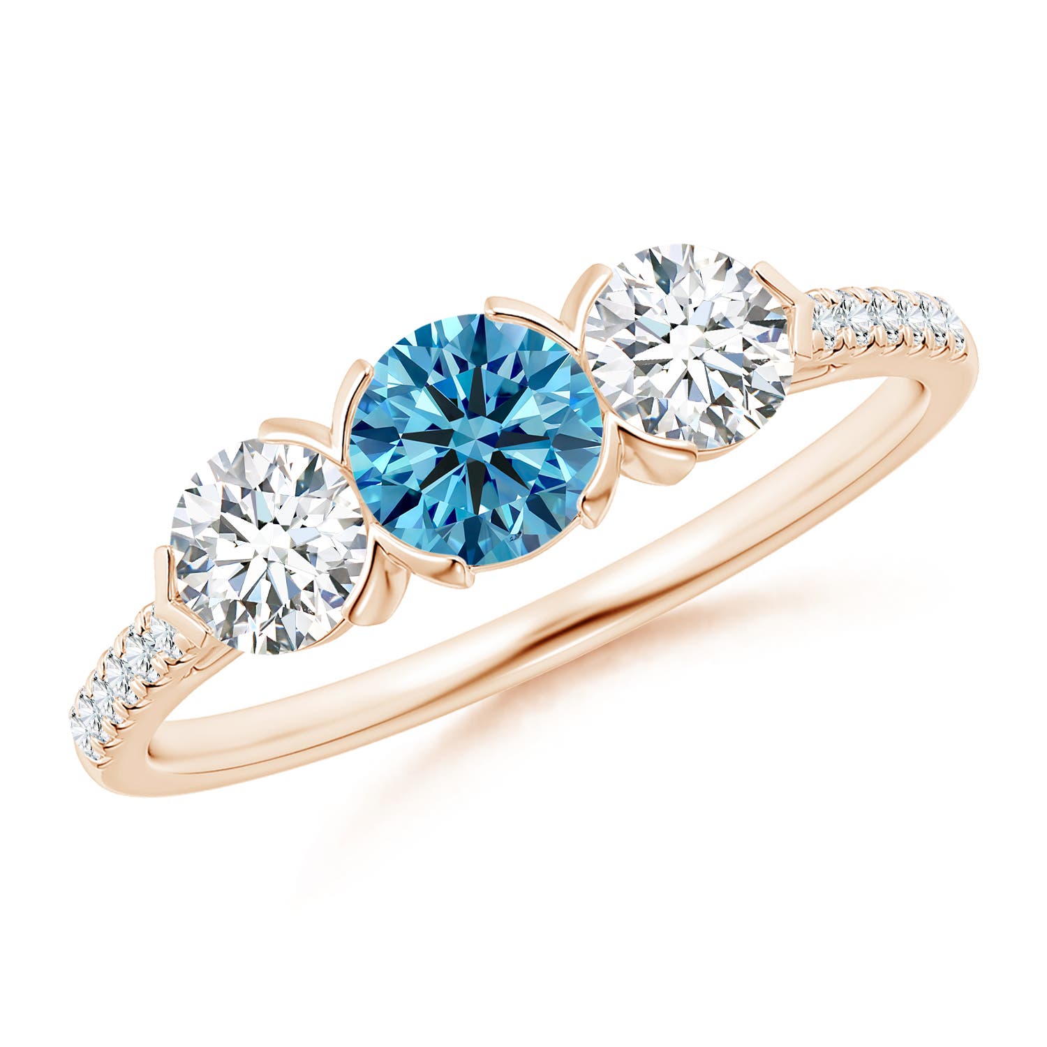 Angara 1.0 CTW Unique Prong-Set Fancy Intense Blue Diamond Three Stone Ring in 18K Rose Gold