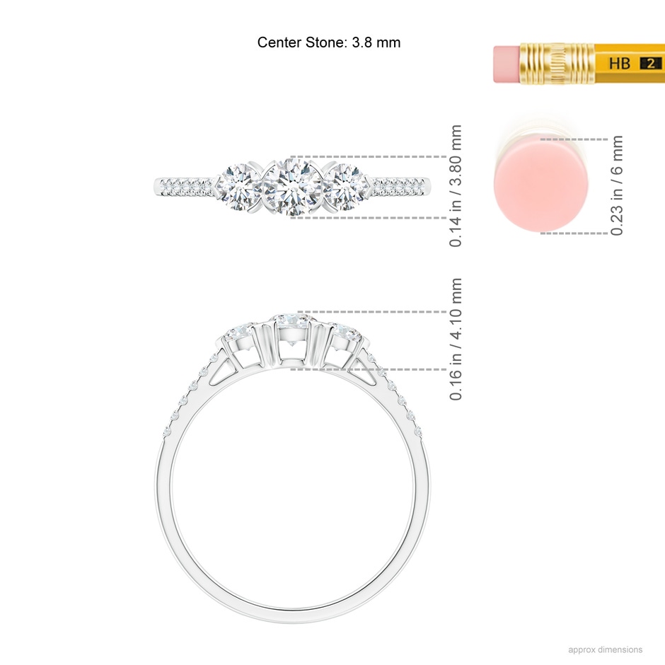 3.8mm GVS2 Unique Prong-Set Diamond Three Stone Engagement Ring in White Gold ruler