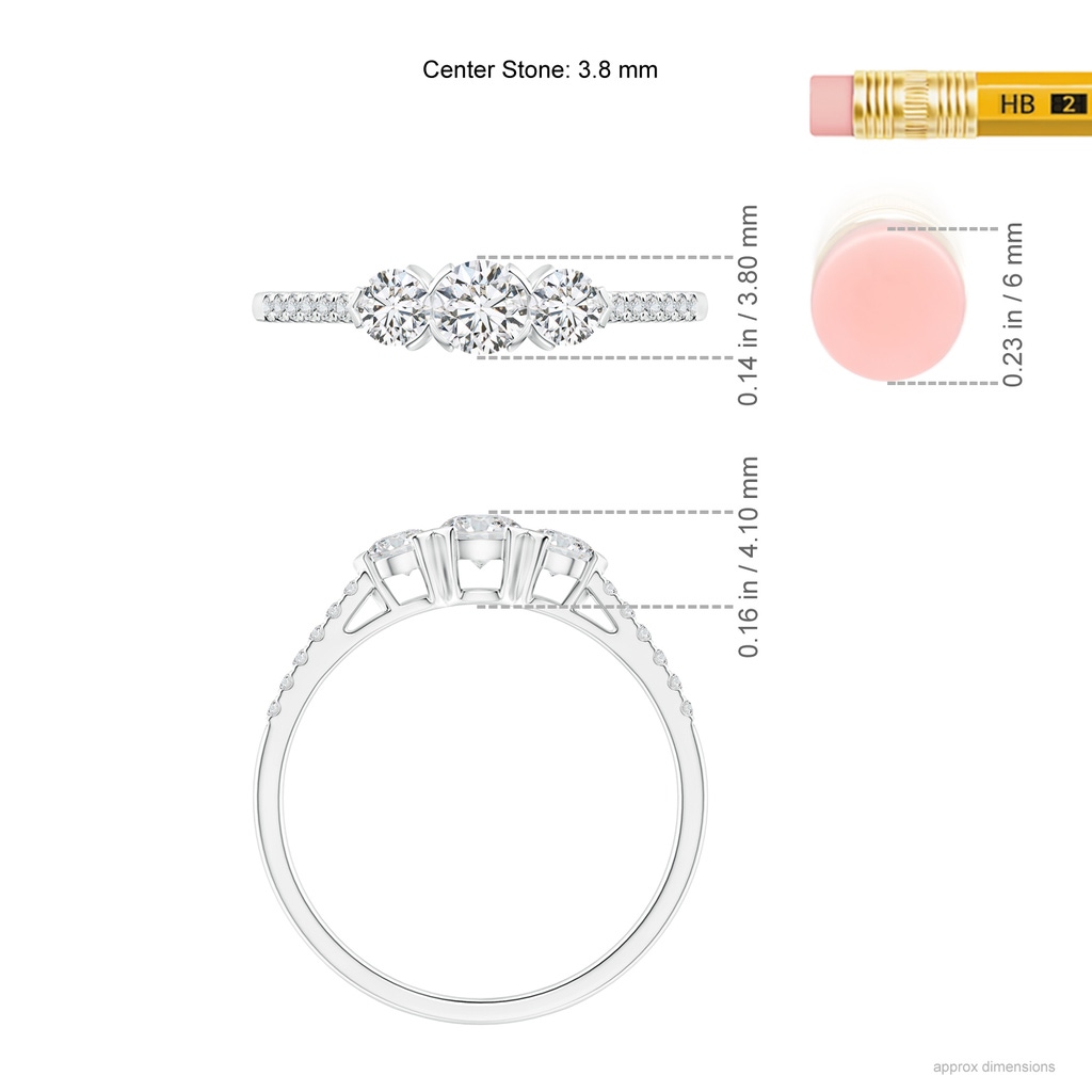 3.8mm HSI2 Unique Prong-Set Diamond Three Stone Engagement Ring in White Gold Ruler