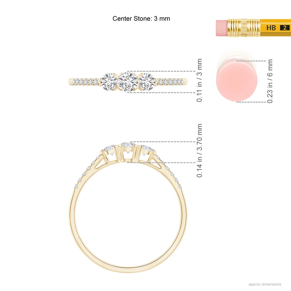 3mm HSI2 Unique Prong-Set Diamond Three Stone Engagement Ring in Yellow Gold ruler