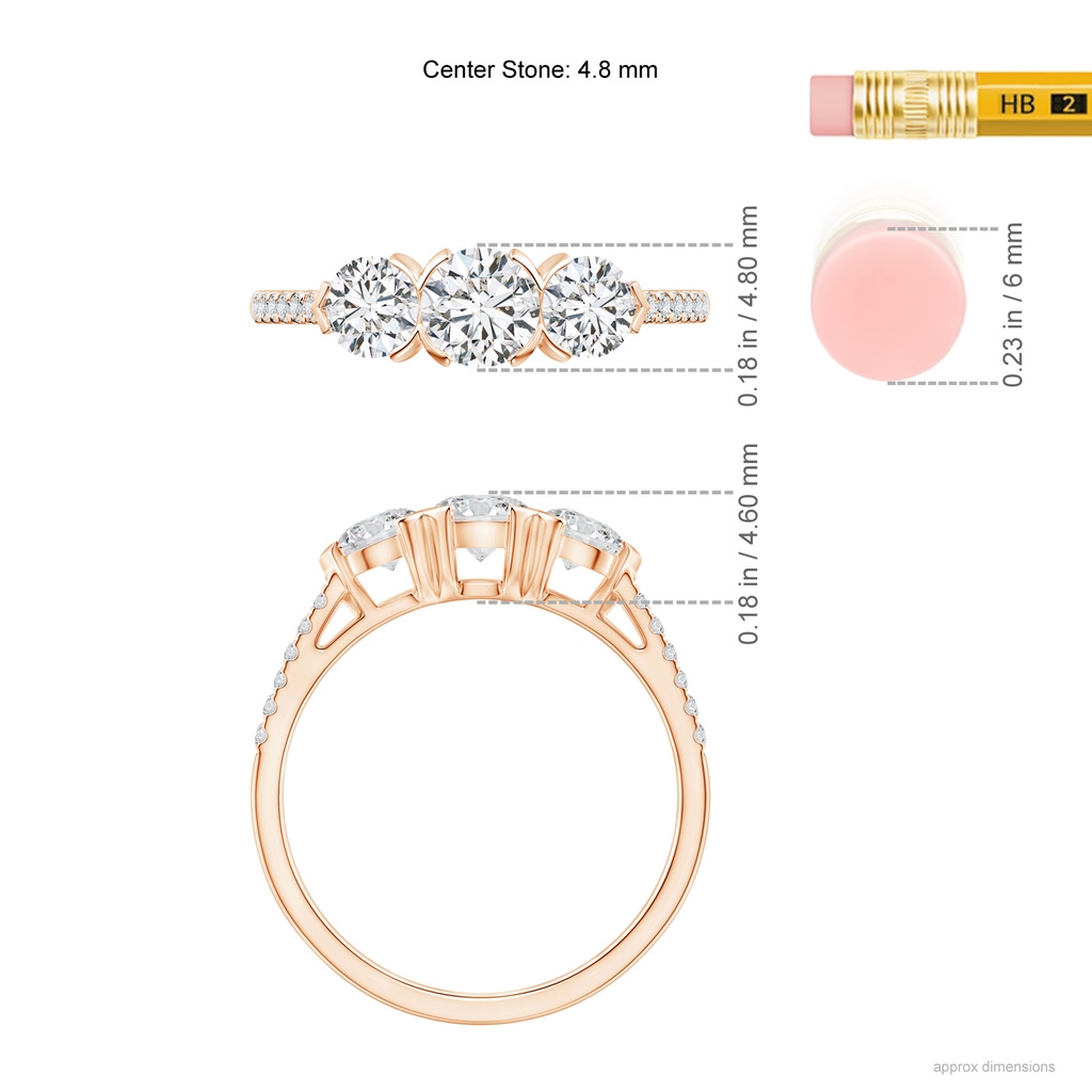 4.8mm HSI2 Unique Prong-Set Diamond Three Stone Engagement Ring in Rose Gold Ruler