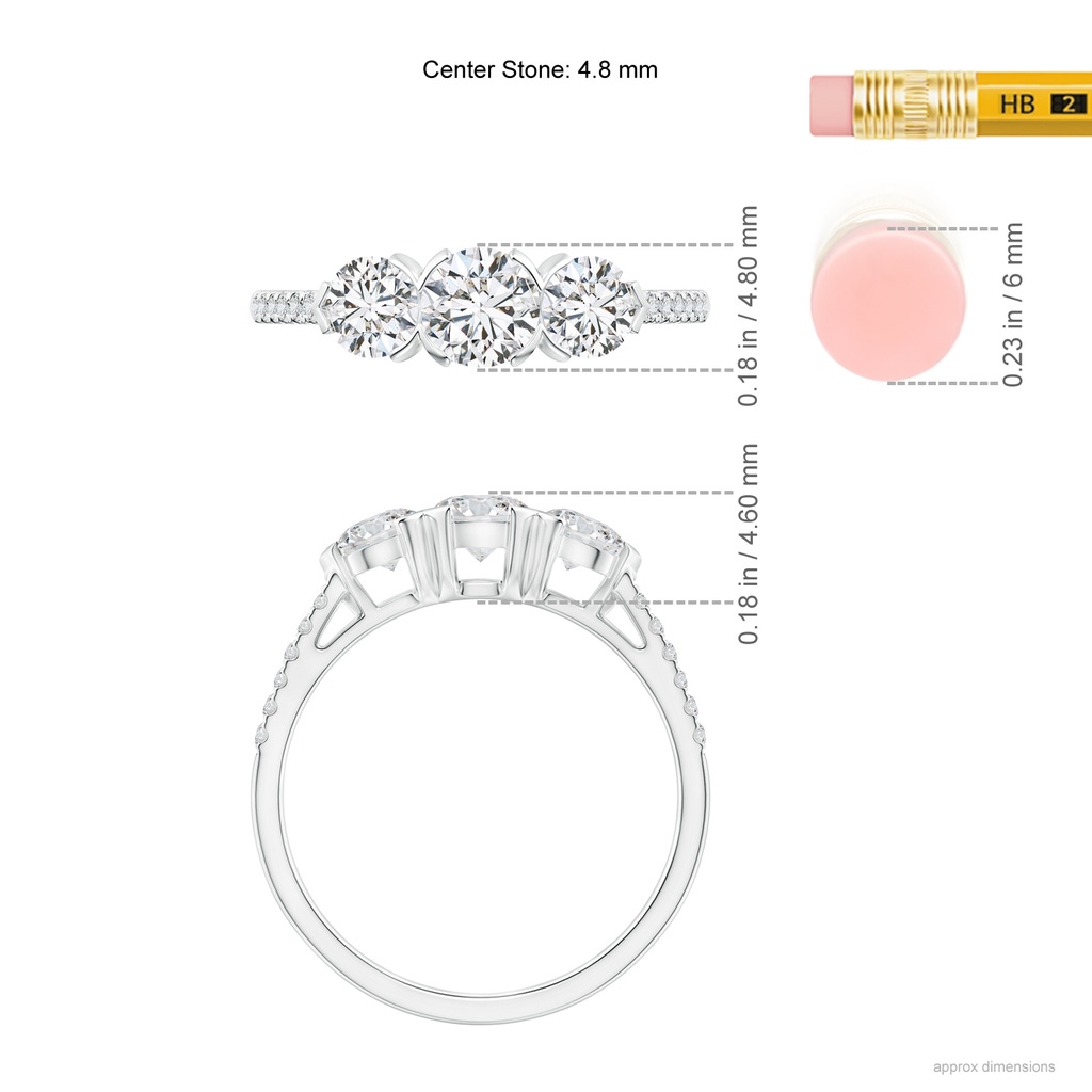 4.8mm HSI2 Unique Prong-Set Diamond Three Stone Engagement Ring in White Gold Ruler