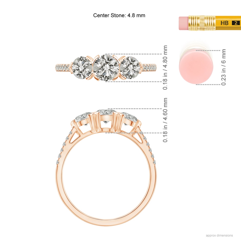 4.8mm KI3 Unique Prong-Set Diamond Three Stone Engagement Ring in Rose Gold ruler