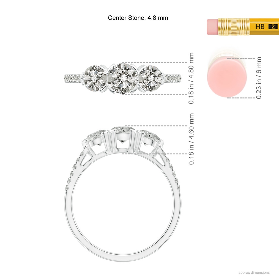 4.8mm KI3 Unique Prong-Set Diamond Three Stone Engagement Ring in White Gold ruler