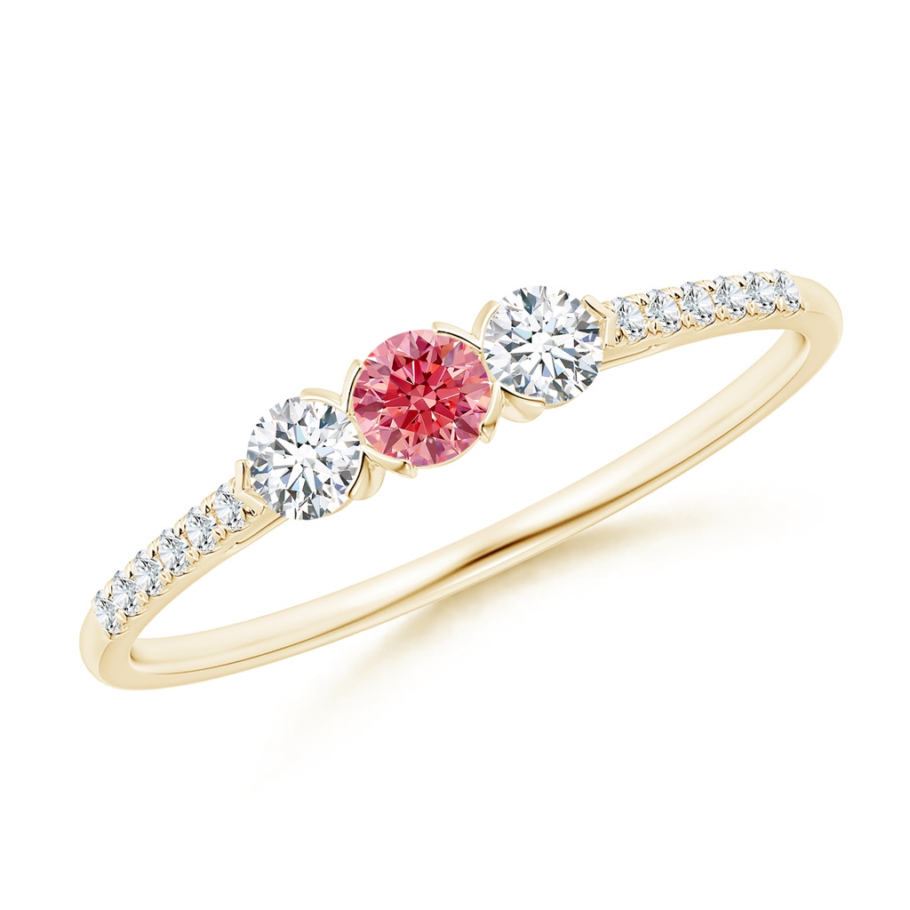 3mm AAAA Unique Prong-Set Fancy Intense Pink Diamond Three Stone Engagement Ring in Yellow Gold