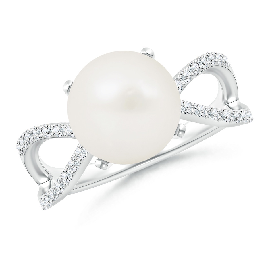 10mm A Freshwater Pearl and Diamond Split Shank Ring in White Gold 