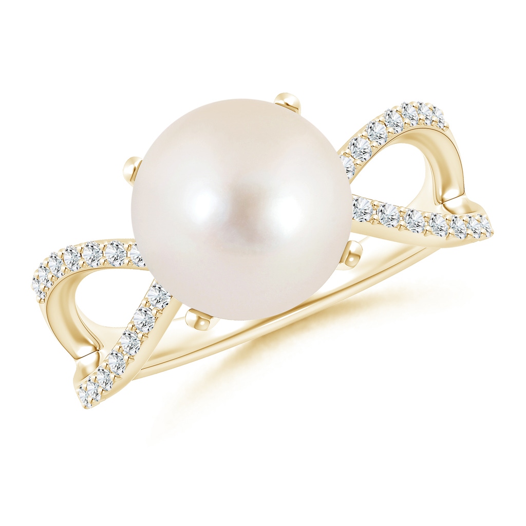 10mm AAAA Freshwater Pearl and Diamond Split Shank Ring in Yellow Gold