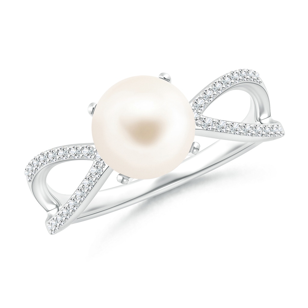 8mm AAA Freshwater Pearl and Diamond Split Shank Ring in White Gold