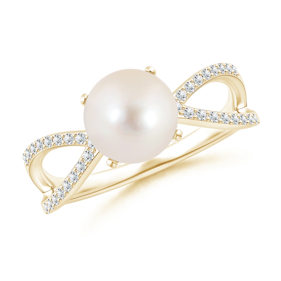 8mm AAAA Freshwater Pearl and Diamond Split Shank Ring in Yellow Gold 