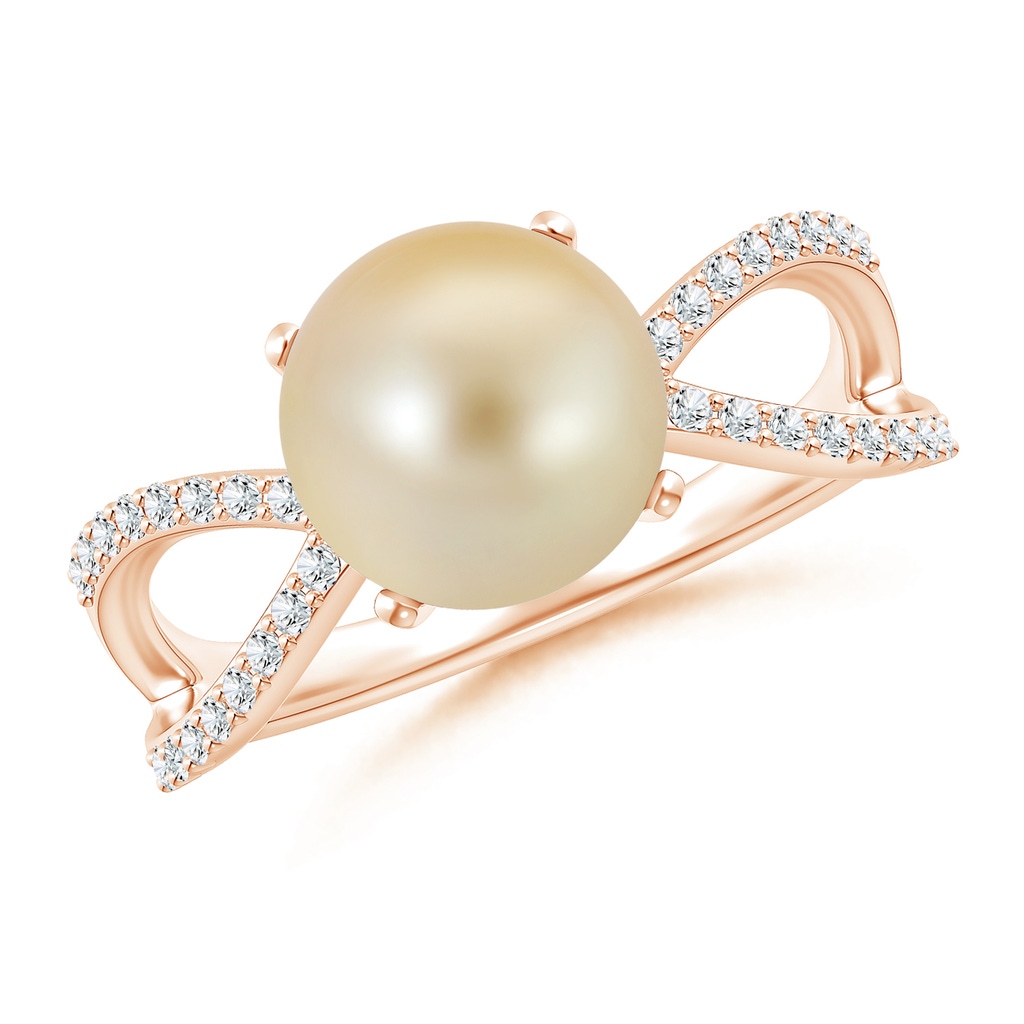 9mm AAA Golden South Sea Cultured Pearl and Diamond Split Shank Ring in Rose Gold