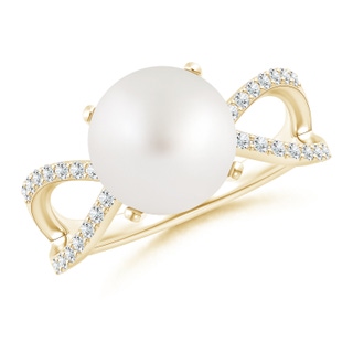 10mm AA South Sea Cultured Pearl and Diamond Split Shank Ring in Yellow Gold