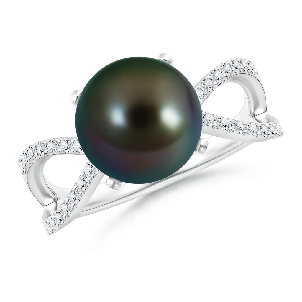 10mm AAAA Tahitian Cultured Pearl and Diamond Split Shank Ring in White Gold