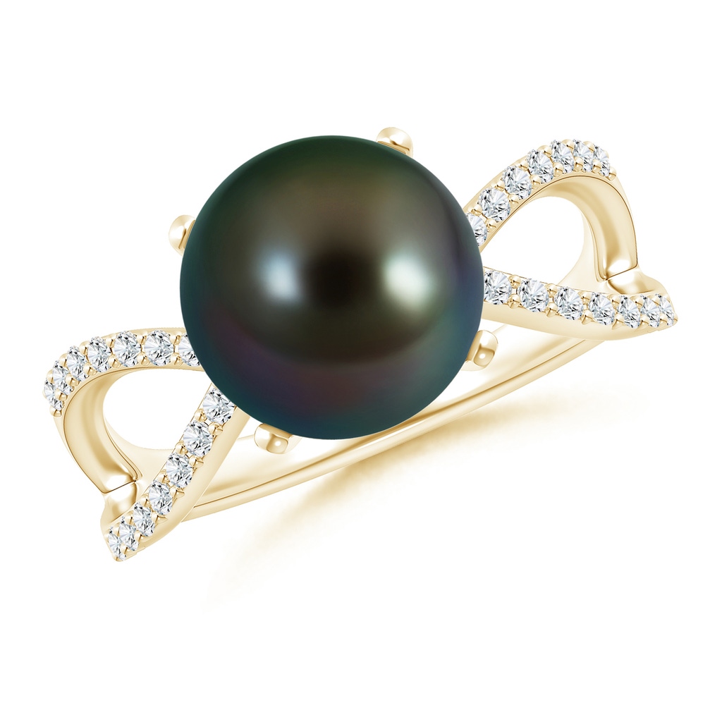 10mm AAAA Tahitian Cultured Pearl and Diamond Split Shank Ring in Yellow Gold