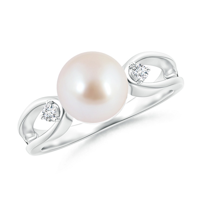 8mm AAA Japanese Akoya Pearl Split Shank Ring with Diamonds in White Gold