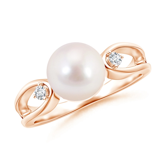 8mm AAAA Japanese Akoya Pearl Split Shank Ring with Diamonds in Rose Gold