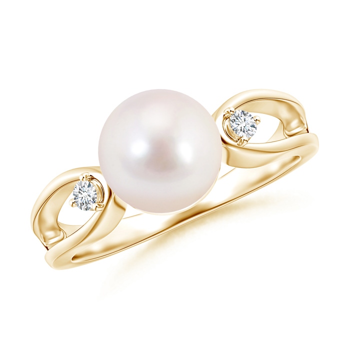 8mm AAAA Japanese Akoya Pearl Split Shank Ring with Diamonds in Yellow Gold