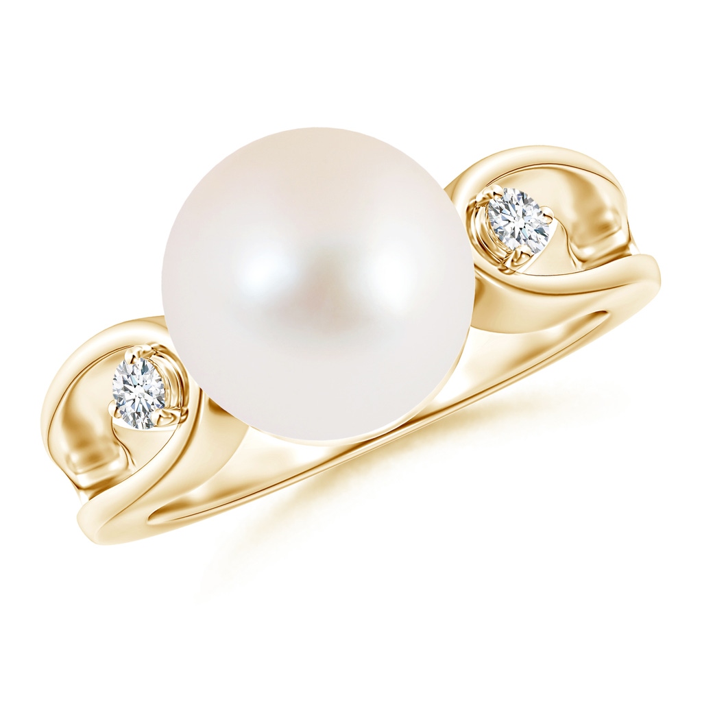 10mm AAA Freshwater Cultured Pearl Split Shank Ring with Diamonds in Yellow Gold