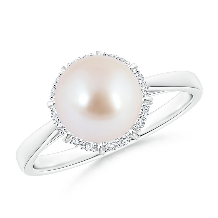 8mm AAA Victorian Style Japanese Akoya Pearl and Diamond Ring in White Gold 