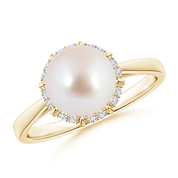 8mm AAA Victorian Style Japanese Akoya Pearl and Diamond Ring in Yellow Gold