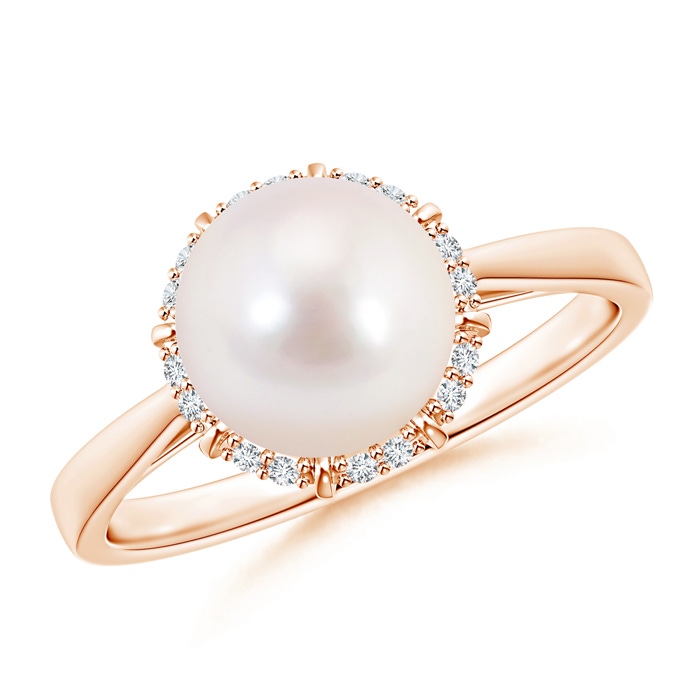 8mm AAAA Victorian Style Japanese Akoya Pearl and Diamond Ring in Rose Gold