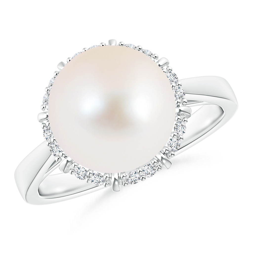10mm AAA Victorian Style Freshwater Cultured Pearl and Diamond Ring in White Gold