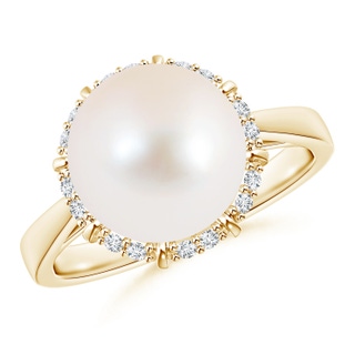 10mm AAA Victorian Style Freshwater Cultured Pearl and Diamond Ring in Yellow Gold