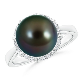 10mm AAAA Victorian Style Tahitian Cultured Pearl and Diamond Ring in White Gold