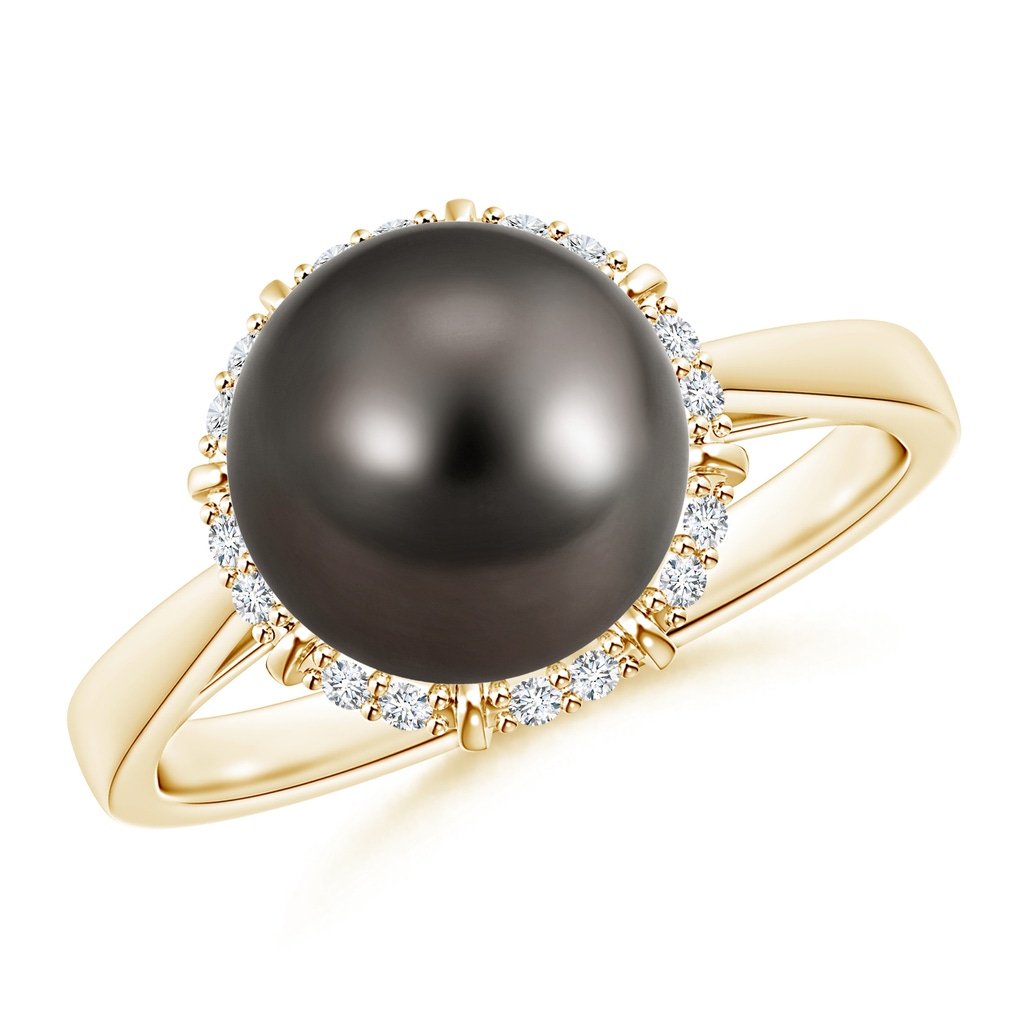9mm AAA Victorian Style Tahitian Cultured Pearl and Diamond Ring in Yellow Gold