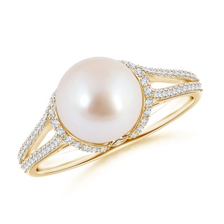 8mm AAA Twin Shank Akoya Cultured Pearl and Diamond Cradle Ring in Yellow Gold