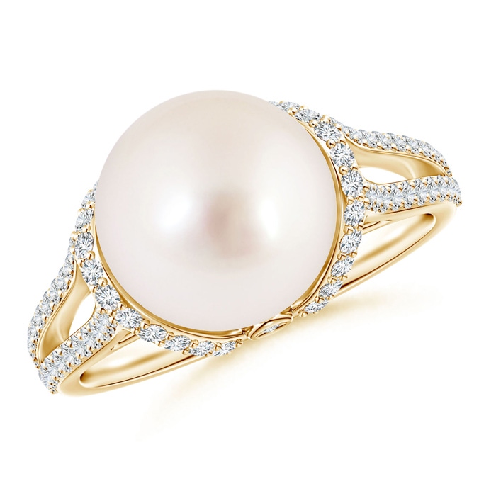 10mm AAAA Twin Shank South Sea Cultured Pearl and Diamond Cradle Ring in Yellow Gold