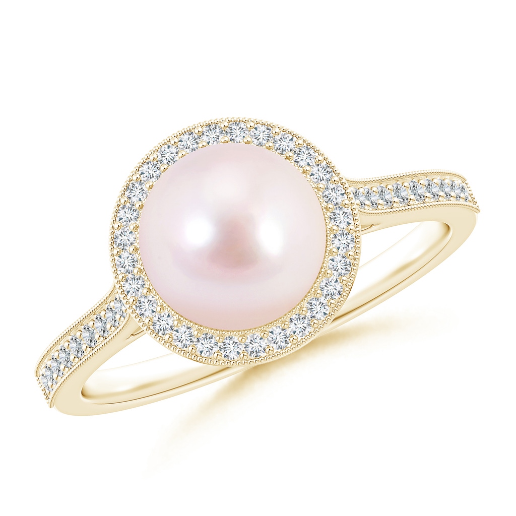 8mm AAAA Akoya Cultured Pearl Halo Ring with Milgrain in Yellow Gold